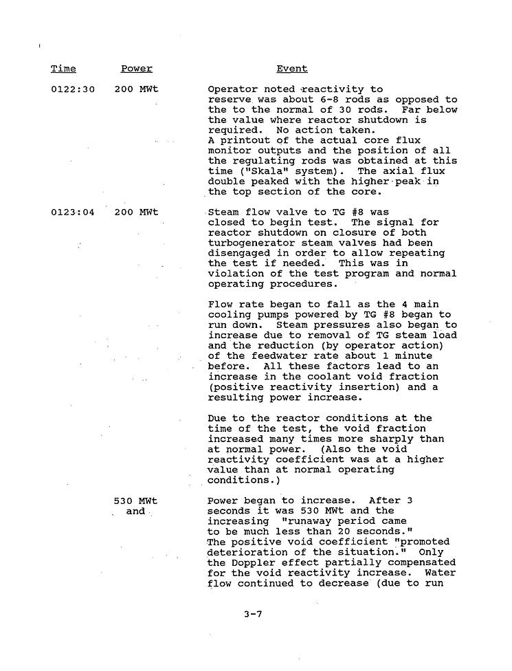 Chernobyl Disaster timeline, third page of a chronology from a Department of Energy report