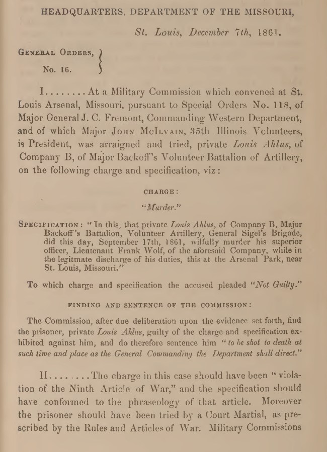 Civil War court martial document from the trial of Private Louis Ahlus charged with the murder of his superior officer, Lieutenant Frank Wolf