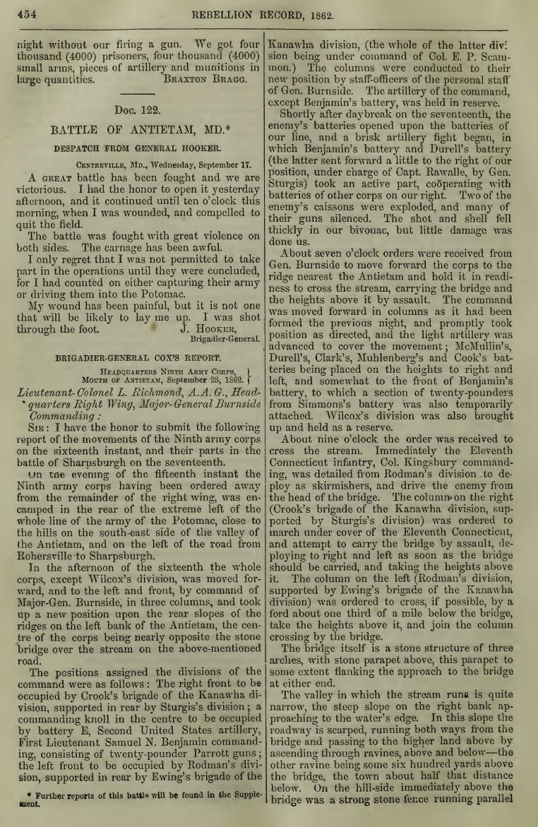 Dispatches and reports after the Battle of Antietam printed in the document section of Volume 5 of the Rebellion Record
