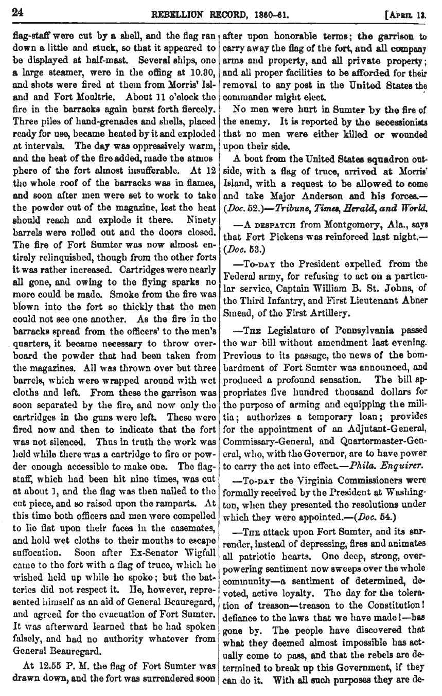 Information about the Union surrender at Ft. Sumter after two days of bombardment in the Rebellion Record Volume 1