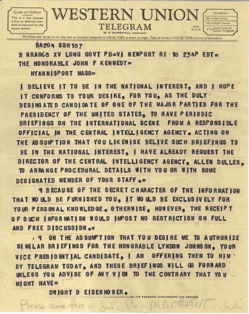 Telegram from President Eisenhower to JFK