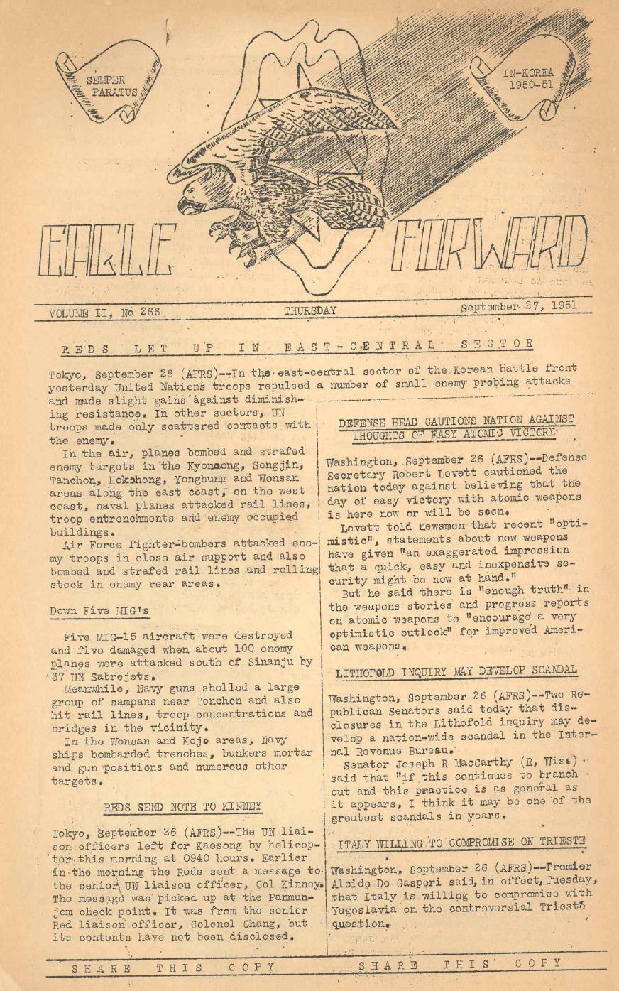 Korean-War-Newspaper-Eagle-Forward-September-27-1951-Page-1