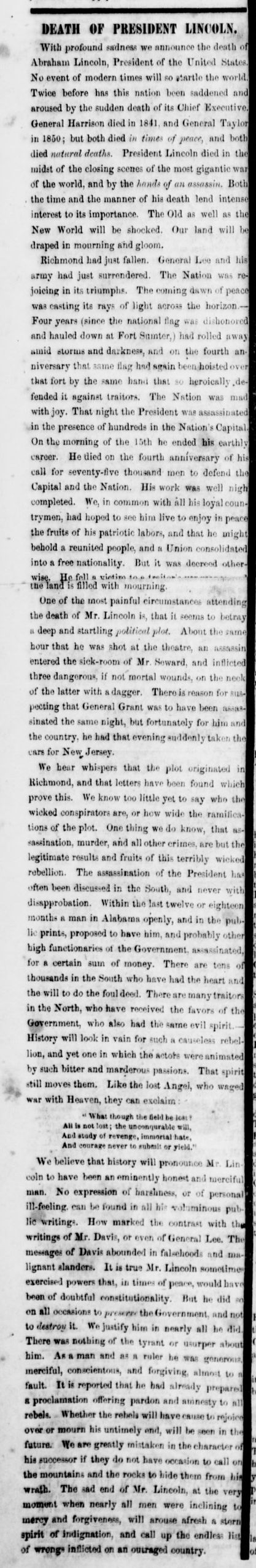 Lincoln Assassination Brownlow's Knoxville Whig and Rebel Ventilator article