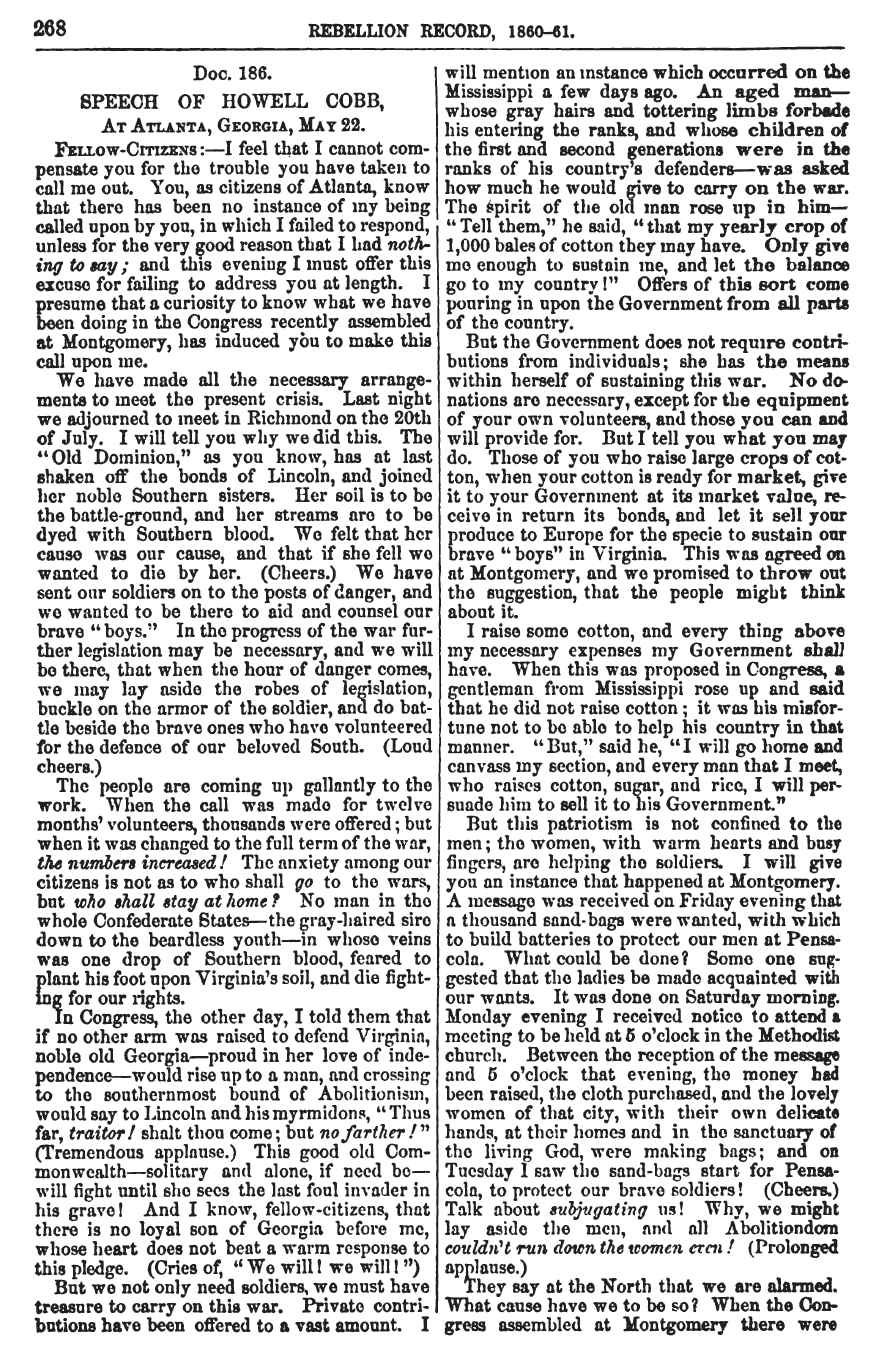 May 22, 1861 speech by Thomas Cobb  published in the first volume of the Rebellion Record