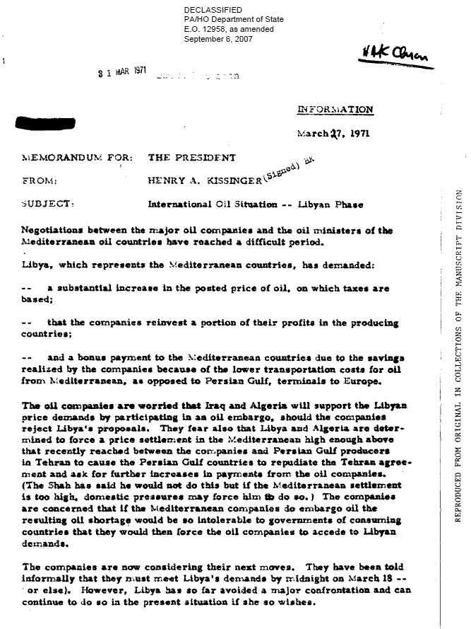 March 27, 1971 Memo Henry Kissinger updates President Nixon on Libya's negotiations with oil companies