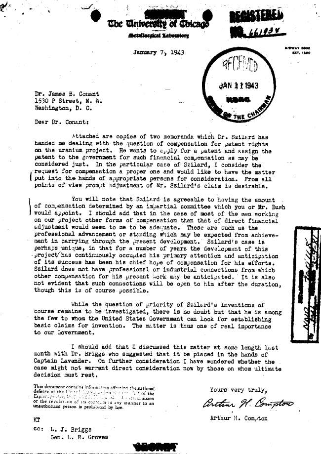 Memo concerning correspondence from Leo Szilard addressing patent rights