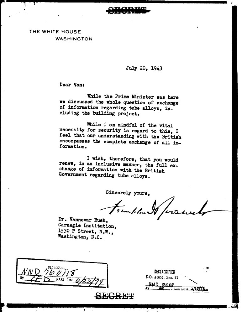 Memo from President Roosevelt to Vannevar Bush seeking to expand the information being shared with the British