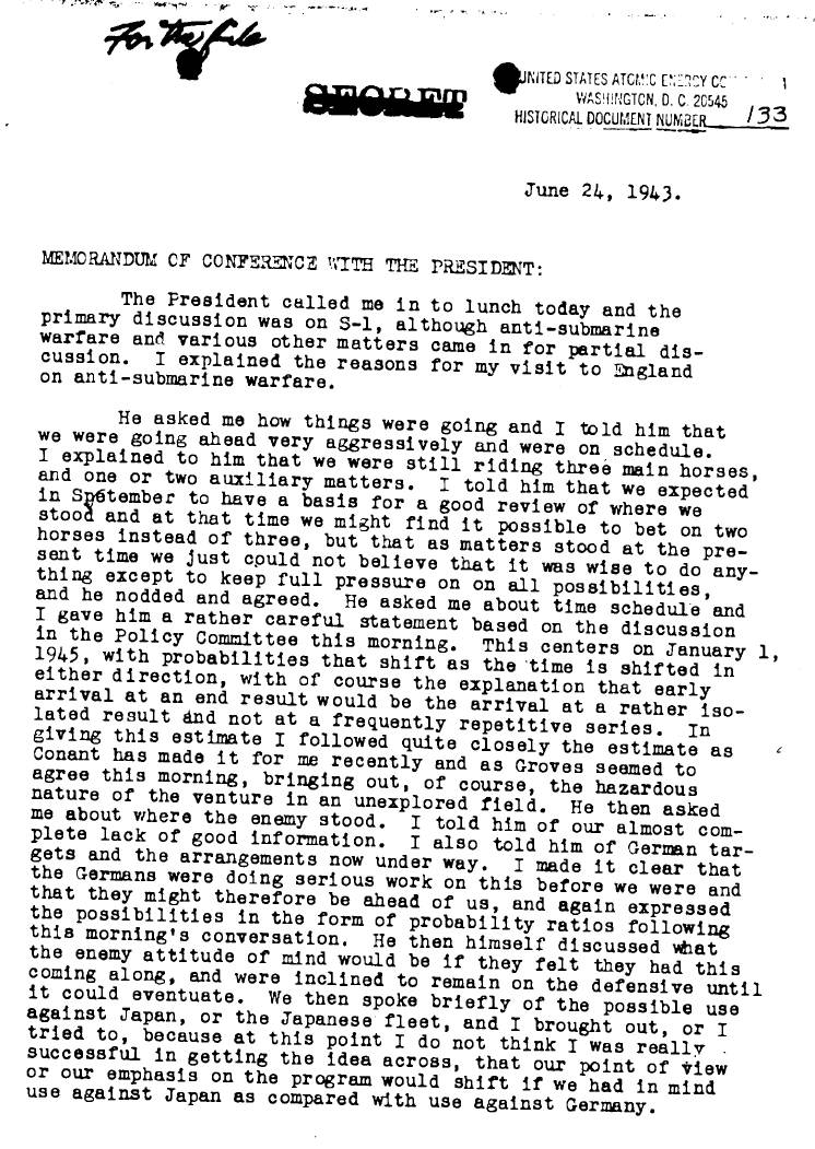 Memo on conference with President Roosevelt