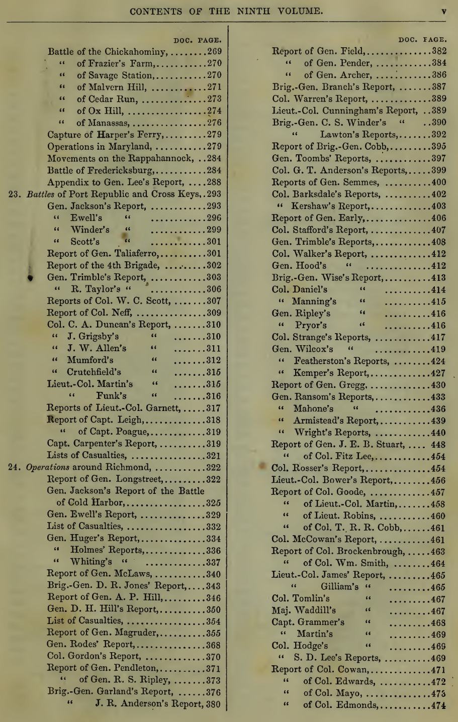 One page from the table of contents from Volume 9 of the Rebellion Record
