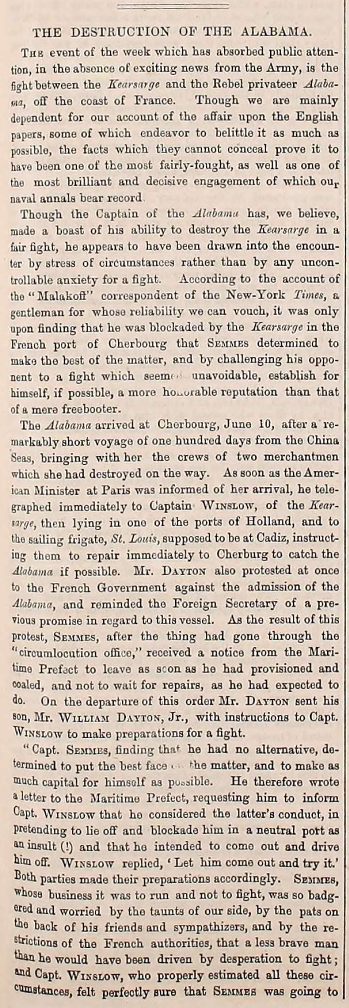 Army Navy Journal article on the June 19, 1864 sinking of the CSS Alabama by the USS Kearsarge off the coast of Cherbourg, France