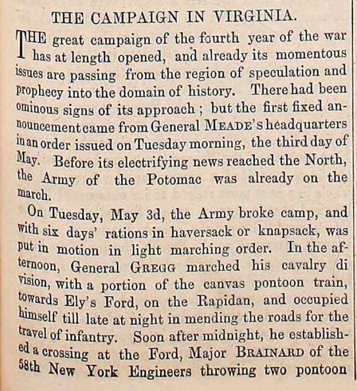 Army Navy Journal article on the beginning of the Virginia Campaign in 1863