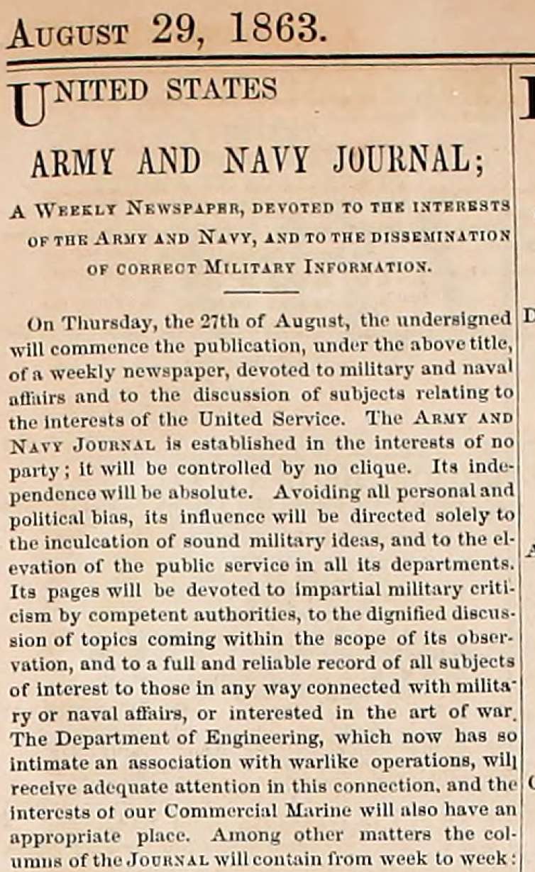 Army Navy Journal statement of purpose from first issue