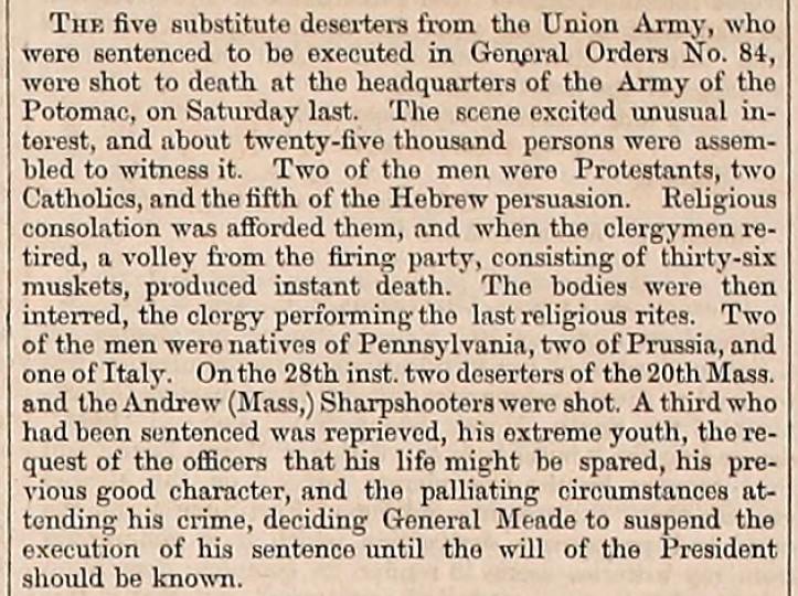 Article from the Army Navy Journal concerning the execution of deserters