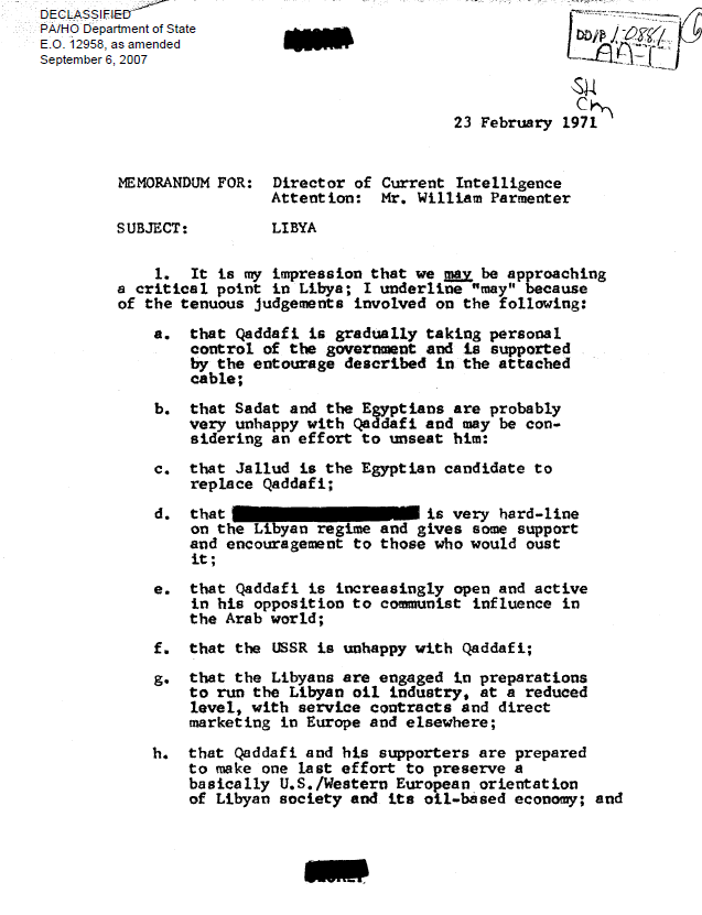 CIA memo on Libya Developments February 23 1971
