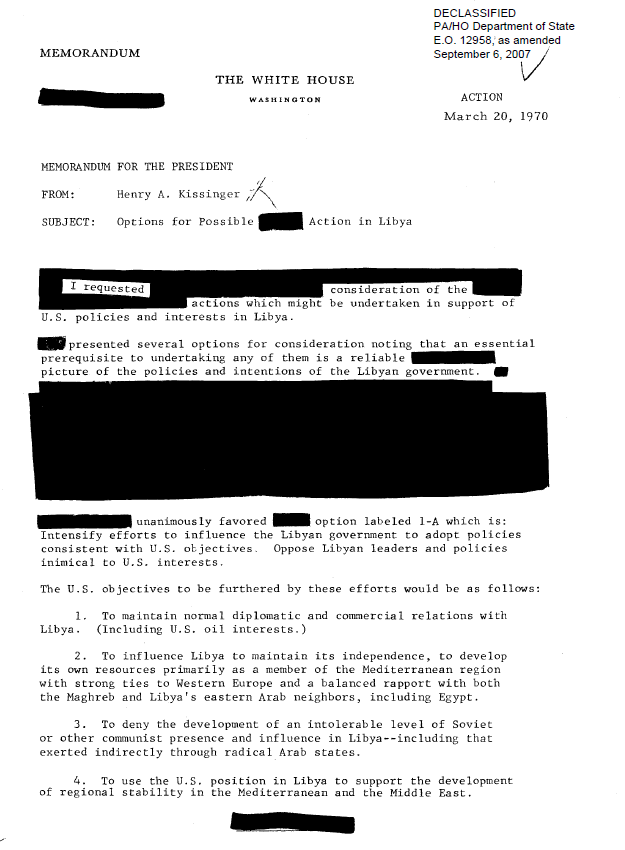Memo Kissinger presents Nixon with the proposal for action to influence the Libyan Government to adopt policies consistent with U.S. objectives and minimize those policies inimical to them