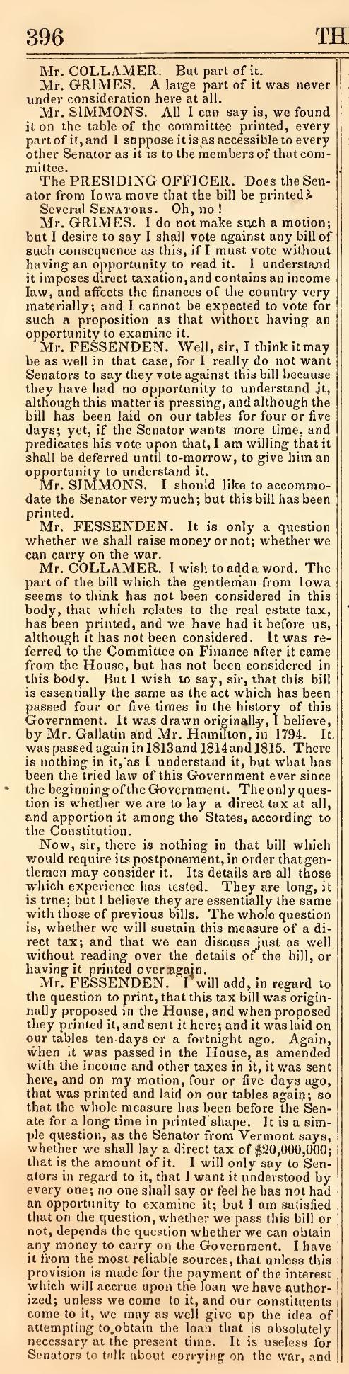Senate debate over the Revenue Act of 1861 which imposed the first federal income tax, Maryland  Congressional Globe August 2 1861
