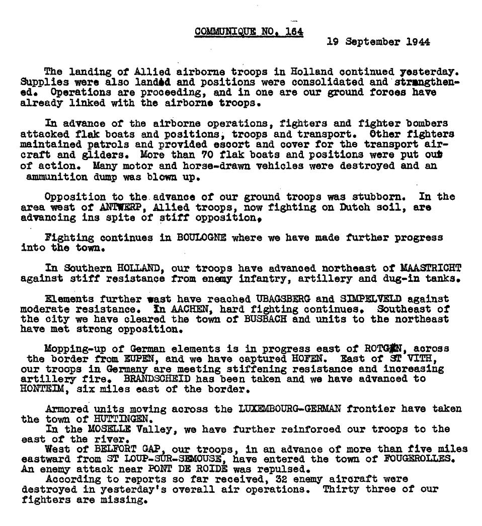 WWII SHAEF Communique - Report on progress of Operation MARKET GARDEN September 19 1944